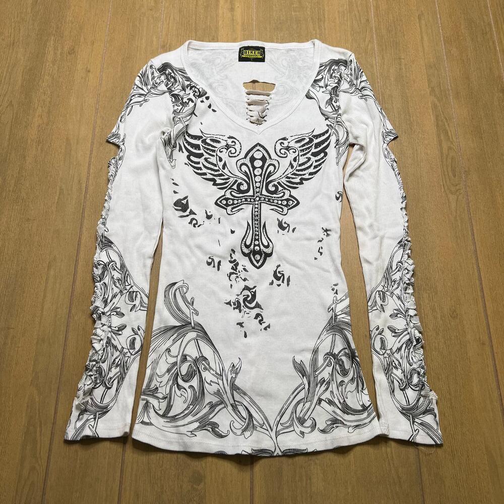 Biker‎ Clothing Y2K Gothic Cross Wings Ruched Lace Up Top Womens L
